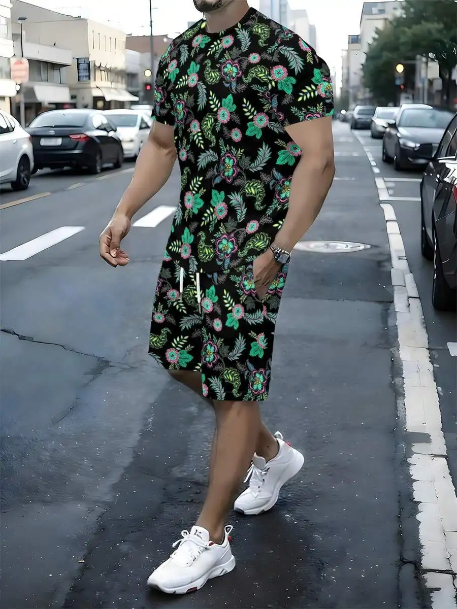 Mens Black Short Sleeve T-Shirt And Shorts Set With Vibrant Green Pink Floral Pattern For Summer Casual Wear
Mens Black Short Sleeve T-Shirt And Shorts Set With Vibrant Green Pink Floral Pattern For Summer Casual Wear