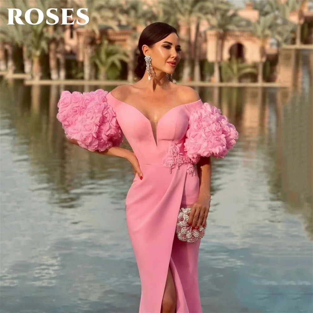 ROSES Pink Stain Prom Dress Off Shoulder Gala Dresses 3D Floral Sleeve Saudi Arabic Evening Party Gown with High Slit Customized
ROSES Pink Stain Prom Dress Off Shoulder Gala Dresses 3D Floral Sleeve Saudi Arabic Evening Party Gown with High Slit Customized