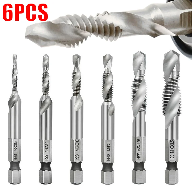 6pcs M3-M10 Thread HSS Combination Drill Tap Bit Set Hex Shank HSS Screw Thread Metric Compound Tap Drill Bits Metal Drilling
6pcs M3-M10 Thread HSS Combination Drill Tap Bit Set Hex Shank HSS Screw Thread Metric Compound Tap Drill Bits Metal Drilling