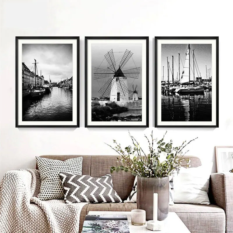 Simple black and white landscape decorative painting living room sofa background windmill sea view canvas painting
Simple black and white landscape decorative painting living room sofa background windmill sea view canvas painting