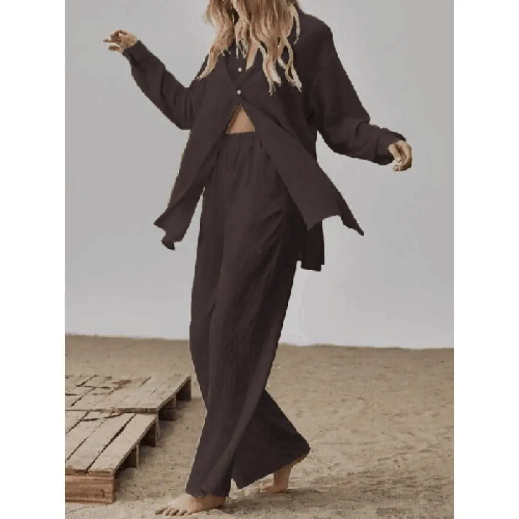 Элегантный женский наряд с длинным рукавом, однотонная льняная однотонная длинная рубашка с разрезом и широкие брюки, комплект 
Элегантный женский наряд с длинным рукавом, однотонная льняная однотонная длинная рубашка с разрезом и широкие брюки, комплект