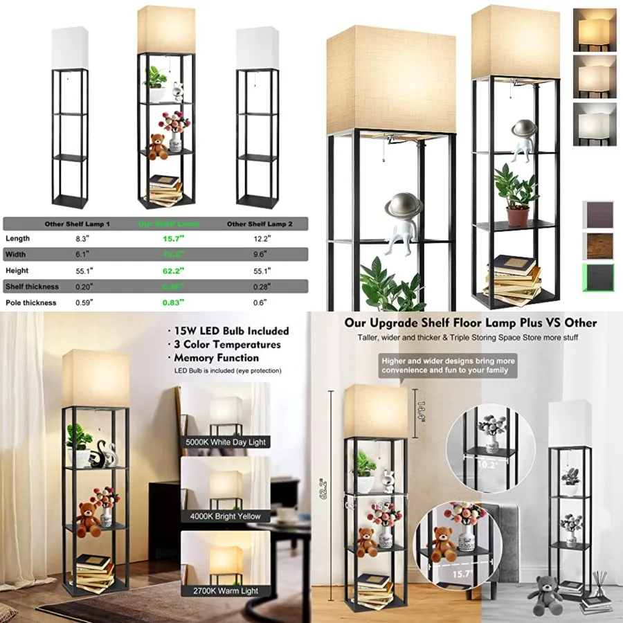 Plus Floor Lamp with Shelves, Shelf Lamp with 15W LED Bulb, 3 Colors, Memory Function, Wide Display Shelf for Collectibles Stor
Plus Floor Lamp with Shelves, Shelf Lamp with 15W LED Bulb, 3 Colors, Memory Function, Wide Display Shelf for Collectibles Stor