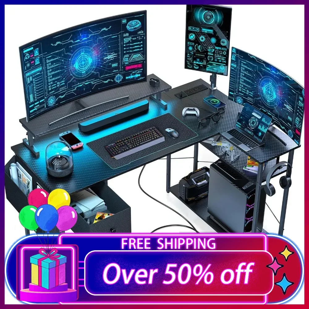 47 inch L Shaped Gaming Desk, Computer Desk with LED Lights & Adjustable Stand, Power Outlets, Storage Drawer
47 inch L Shaped Gaming Desk, Computer Desk with LED Lights & Adjustable Stand, Power Outlets, Storage Drawer