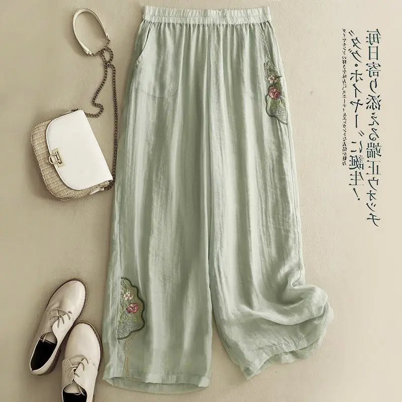 Retro Summer Cotton Linen Loose Pants Basic Versatility Elastic Embroidery Waist Casual Pants Wide-leg Ankle-Length Pants A348
Retro Summer Cotton Linen Loose Pants Basic Versatility Elastic Embroidery Waist Casual Pants Wide-leg Ankle-Length Pants A348
