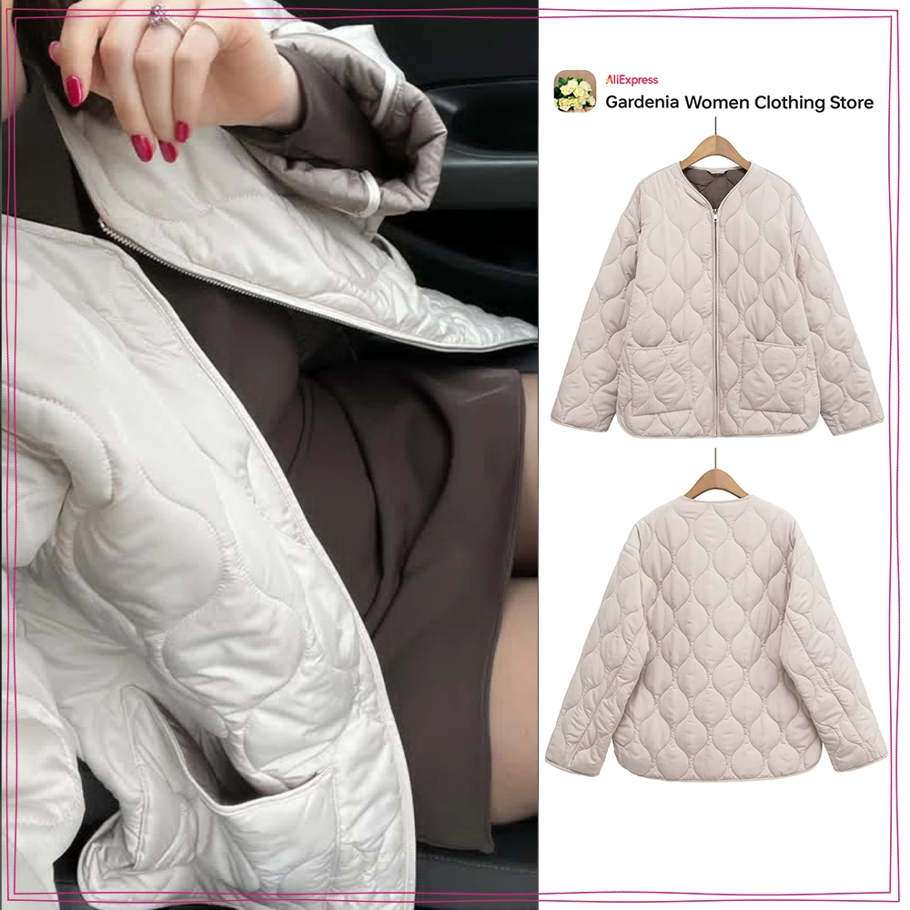 Women Vintage Quilted Jacket Fall New in V-neck Long Sleeves Outwear with Turned-up Cuffs Stylish Ecru Zipped Jacket with Pocket
Women Vintage Quilted Jacket Fall New in V-neck Long Sleeves Outwear with Turned-up Cuffs Stylish Ecru Zipped Jacket with Pocket