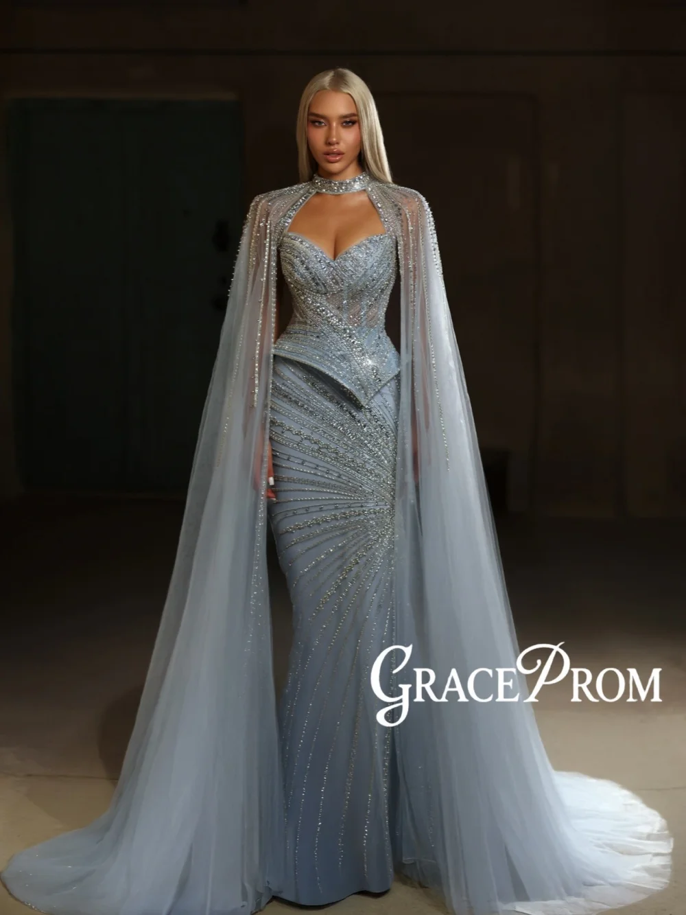 Light Blue Opulent Beaded Evening Dress With Cape Glamorous Mermaid Long Wedding Party Gowns Customized Graceful Banquet Gowns
Light Blue Opulent Beaded Evening Dress With Cape Glamorous Mermaid Long Wedding Party Gowns Customized Graceful Banquet Gowns