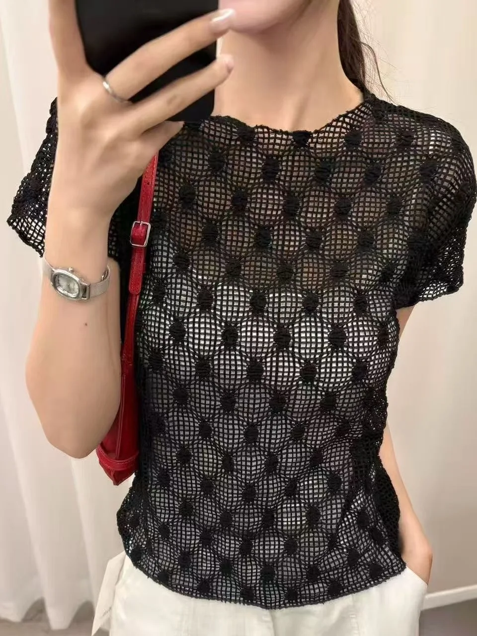 Textured Polka Dot Mesh Top Women's Summer 2026 Breathable See through Design Casual Straight Cut Short Sleeve round Neck Shirt
Textured Polka Dot Mesh Top Women's Summer 2026 Breathable See through Design Casual Straight Cut Short Sleeve round Neck Shirt