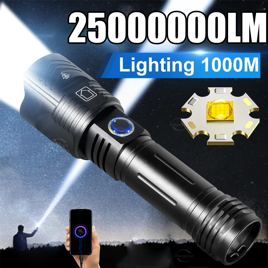 25000000LM High Power LED Flashlight Rechargeable Waterproof Tactical Torch 26650 LED Flash Light Camping Fishing Lantern
25000000LM High Power LED Flashlight Rechargeable Waterproof Tactical Torch 26650 LED Flash Light Camping Fishing Lantern