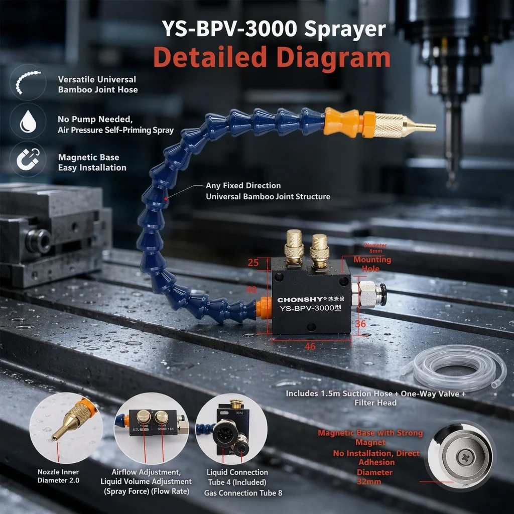 Flexible Spray Assembly: 300mm Articulated Tube, Magnetic Base, Adjustable Flow, for CNC Cooling
Flexible Spray Assembly: 300mm Articulated Tube, Magnetic Base, Adjustable Flow, for CNC Cooling