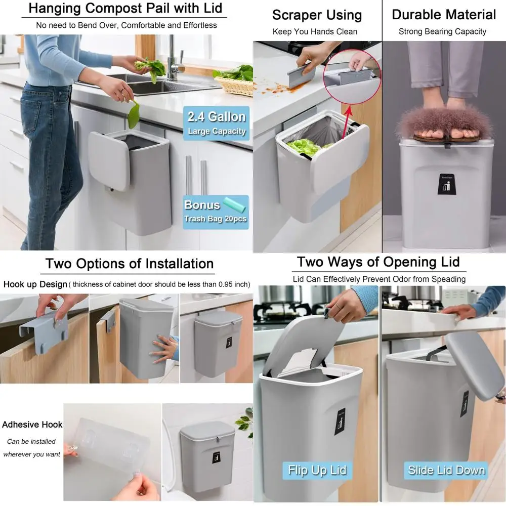 Gray Countertop or Under-Sink Hanging Compost Bin, 2.4 Gallon Small Trash Can with Lid for Kitchen, Bathroom, Office, and Campin
Gray Countertop or Under-Sink Hanging Compost Bin, 2.4 Gallon Small Trash Can with Lid for Kitchen, Bathroom, Office, and Campin