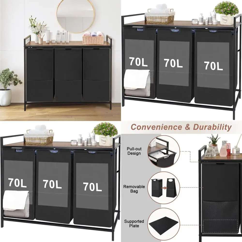 3-Section 210L Laundry Hamper with Storage Shelf for Clothes Sorting in Bedroom or Laundry Room
3-Section 210L Laundry Hamper with Storage Shelf for Clothes Sorting in Bedroom or Laundry Room