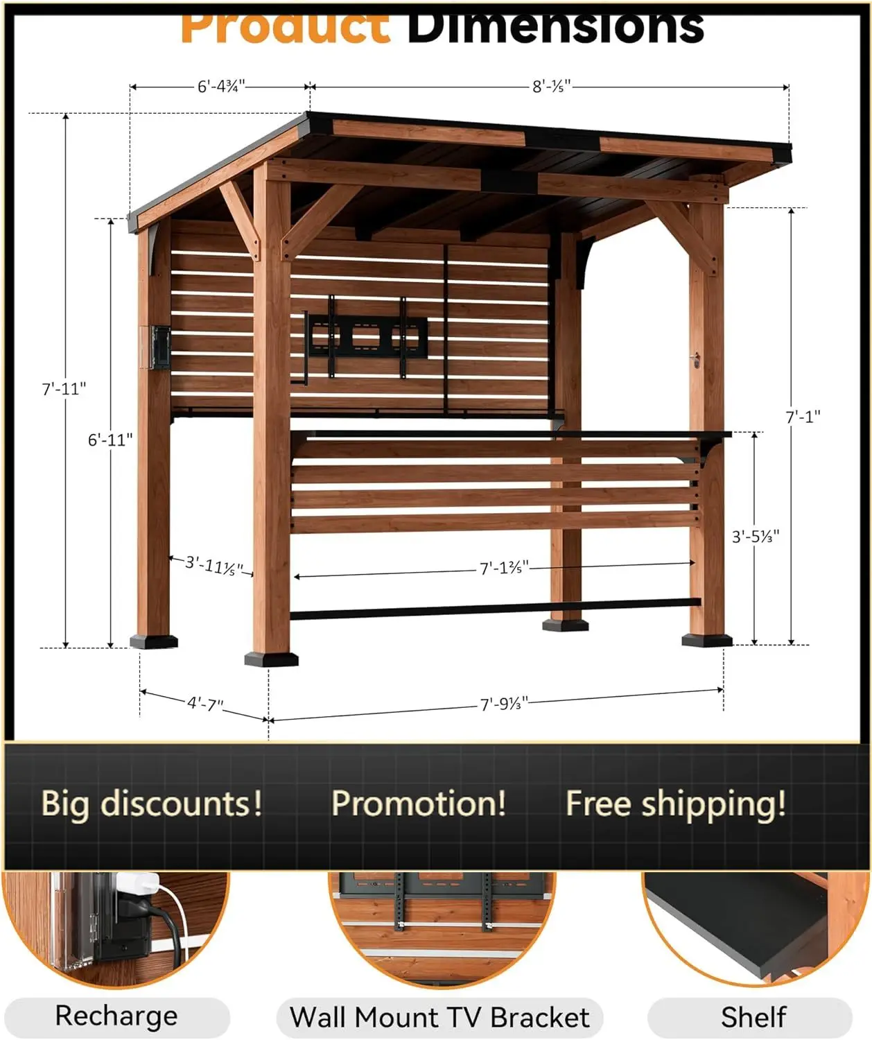Modern Shade The Aura Cedar Wood Outdoor Bar with Shelves & Paper Towel Holder, Grill Gazebo with USB and USB-C Charging Ports,
Modern Shade The Aura Cedar Wood Outdoor Bar with Shelves & Paper Towel Holder, Grill Gazebo with USB and USB-C Charging Ports,
