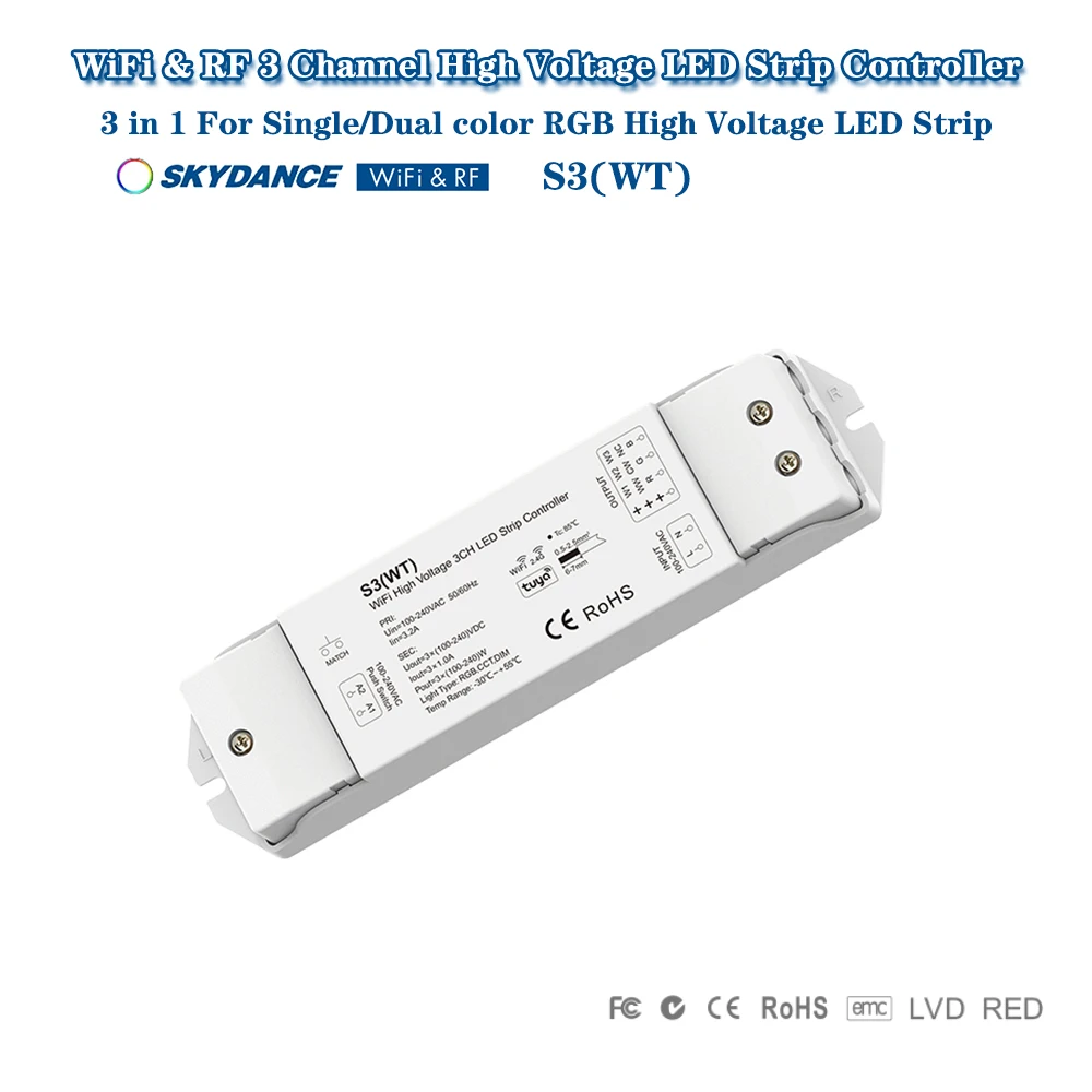 Skydance S3(WT) AC100-220V 3In1 Wifi+2.4GHzRF+Push Dim Smart Tuya High Voltage Controller For Single/Dual color RGB LED Strip
Skydance S3(WT) AC100-220V 3In1 Wifi+2.4GHzRF+Push Dim Smart Tuya High Voltage Controller For Single/Dual color RGB LED Strip