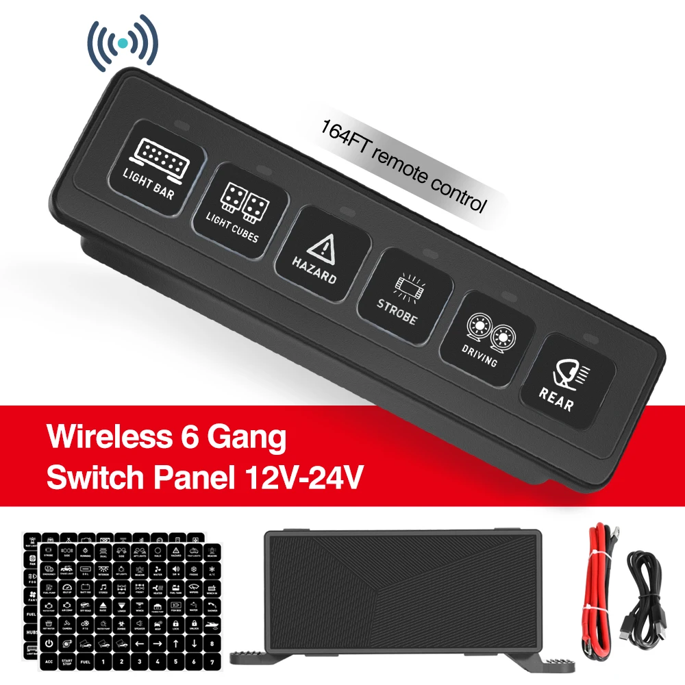 Wireless 6 Gang Switch Panel, with 3 Light Memory Function, 90A Circuit Control Relay Switch Box for 12V 24V Truck SUV Marine
Wireless 6 Gang Switch Panel, with 3 Light Memory Function, 90A Circuit Control Relay Switch Box for 12V 24V Truck SUV Marine