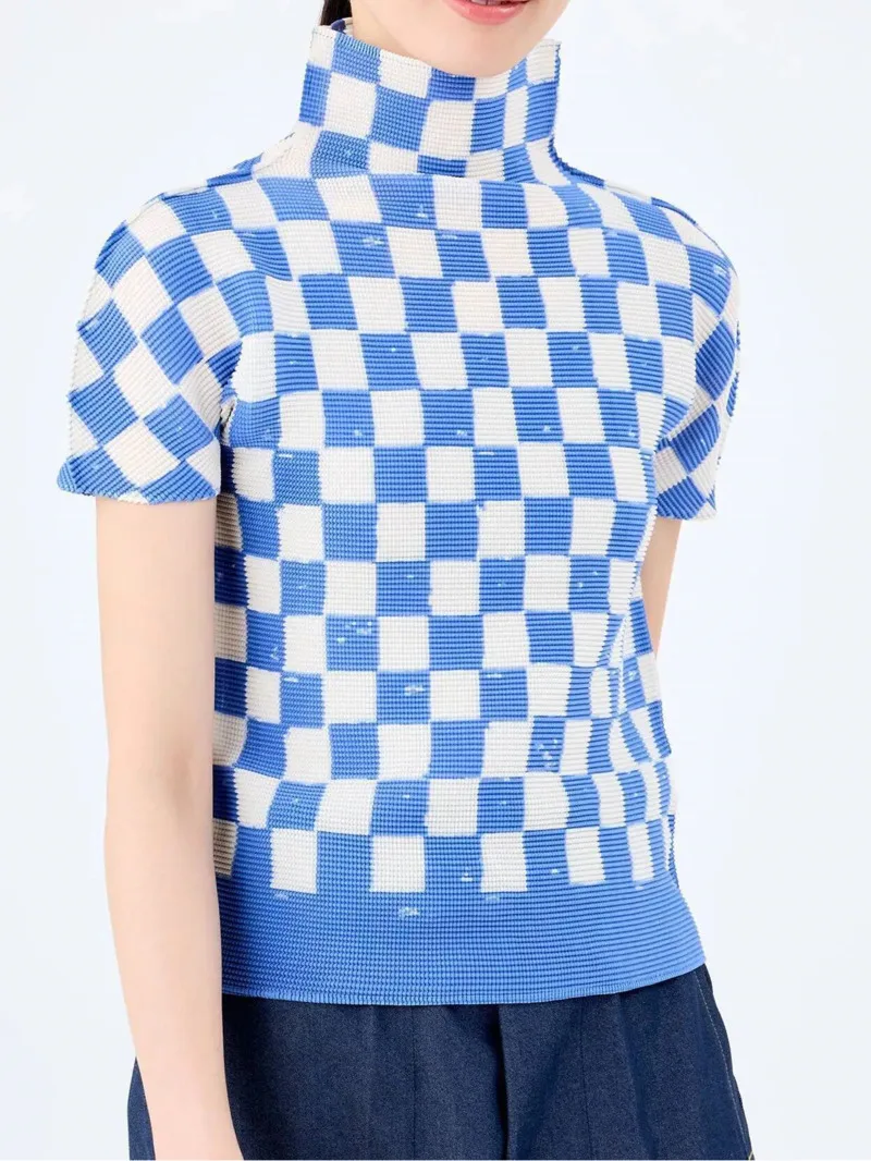 Short Sleeved Pleated Women's T-shirt 2025 New High Quality Plaid Printed Pullover Stand Collar Blue Tee Top 26ZR4
Short Sleeved Pleated Women's T-shirt 2025 New High Quality Plaid Printed Pullover Stand Collar Blue Tee Top 26ZR4