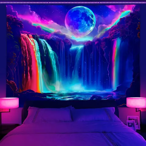 Tapiz de respuesta UV de cascada colorida, tapiz de decoración del hogar con luz negra de paisaje Natural de cielo nocturno y Luna, 1 ud.