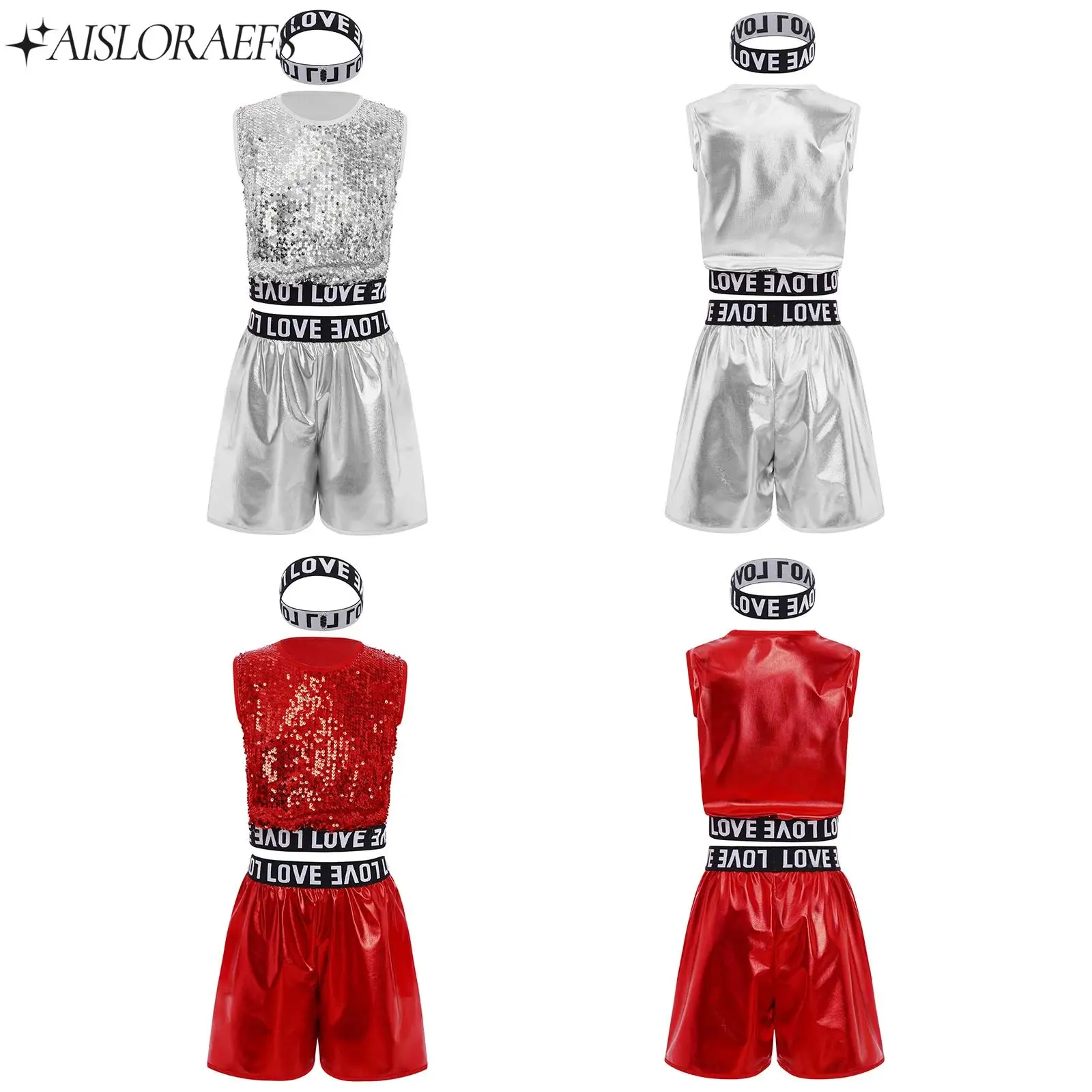 Kids Cheerleading Uniform Boys Hip-Hop Jazz Dance Costume Sleeveless Sequins Vest with Stretchy Metallic Shorts And Hairband Set
Kids Cheerleading Uniform Boys Hip-Hop Jazz Dance Costume Sleeveless Sequins Vest with Stretchy Metallic Shorts And Hairband Set