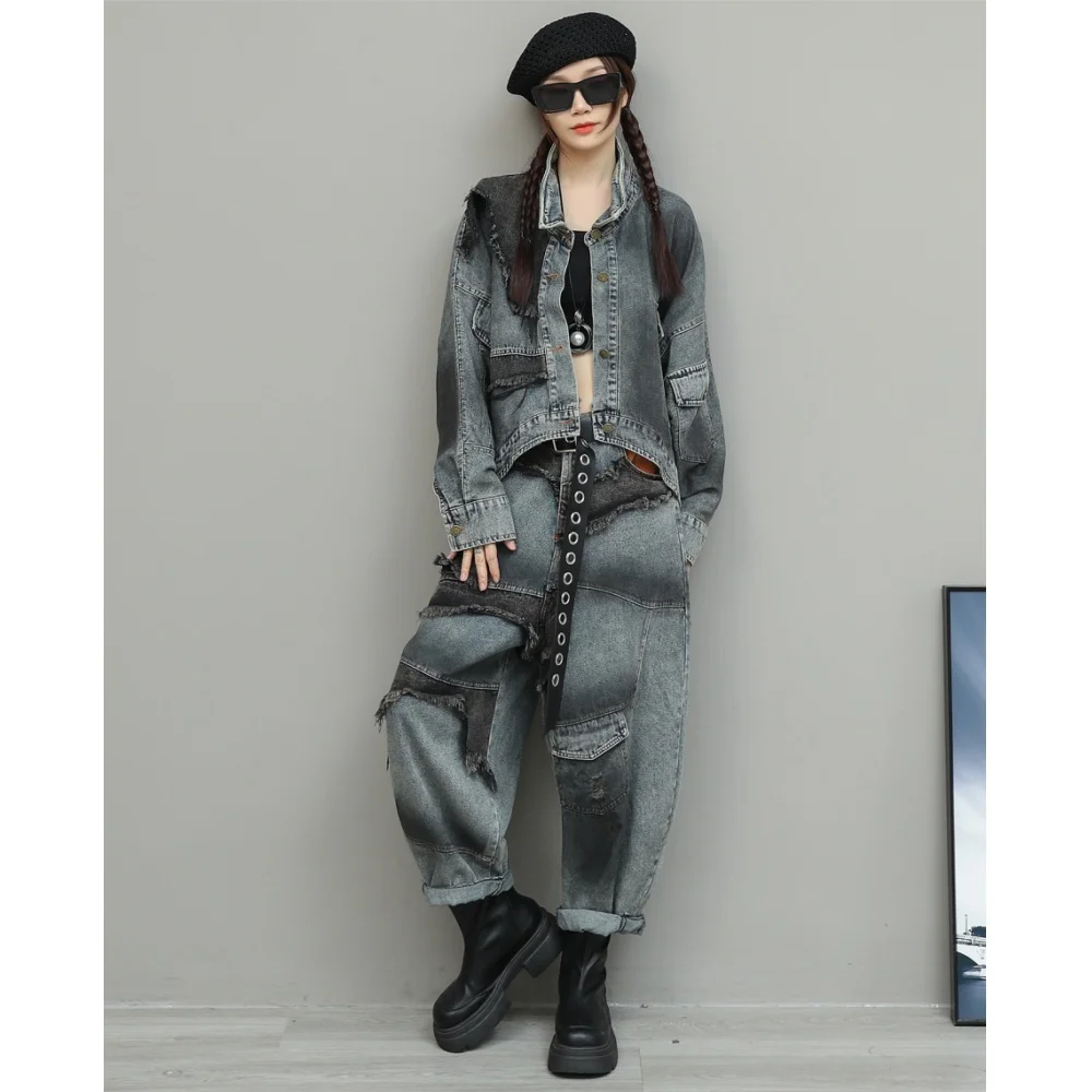 Women 2026 Spring Suit Distressed Spray-painted Irregular Lapel Denim Short Jacket + Slim-fit Harem Pants Two Piece Set XY85
Women 2026 Spring Suit Distressed Spray-painted Irregular Lapel Denim Short Jacket + Slim-fit Harem Pants Two Piece Set XY85