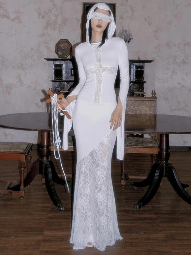 White Long Dresses Women Vintage Lace Stitch Dress Female Elegant Hooded Backless Dress Ladies Bodycon Wrapped Hip Vestidos
White Long Dresses Women Vintage Lace Stitch Dress Female Elegant Hooded Backless Dress Ladies Bodycon Wrapped Hip Vestidos