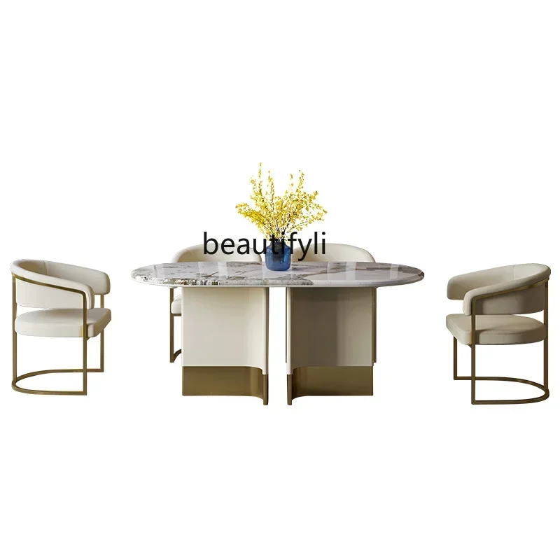 ljyLight luxury dining table and chair combination stainless steel postmodern high-grade marble rock slab luxury stone square
ljyLight luxury dining table and chair combination stainless steel postmodern high-grade marble rock slab luxury stone square