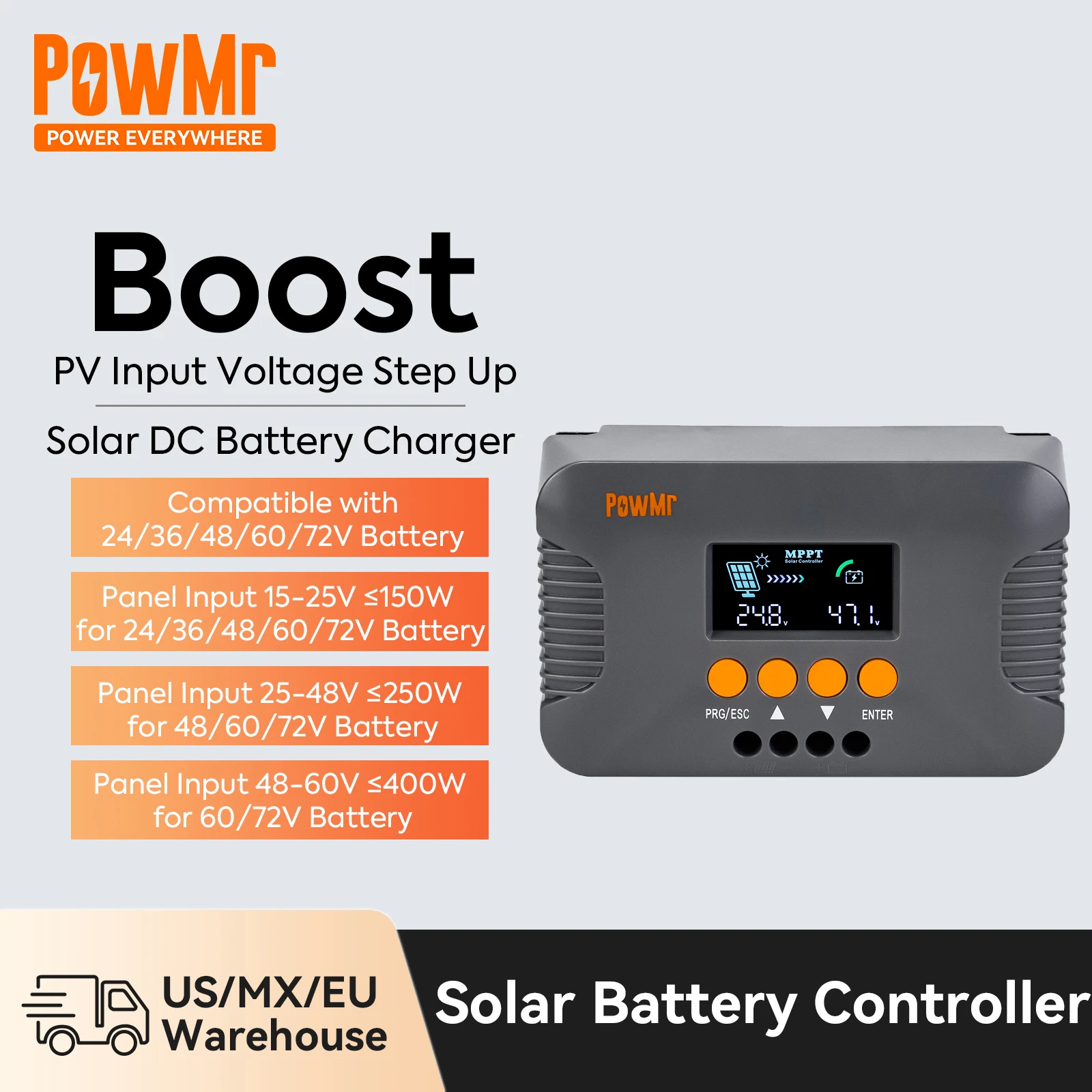 PowMr Boost Solar Charge Controller MPPT 10A for 24V 36V 48V 60V 72V Battery, Boost Solar Panel Voltage Step Up
PowMr Boost Solar Charge Controller MPPT 10A for 24V 36V 48V 60V 72V Battery, Boost Solar Panel Voltage Step Up