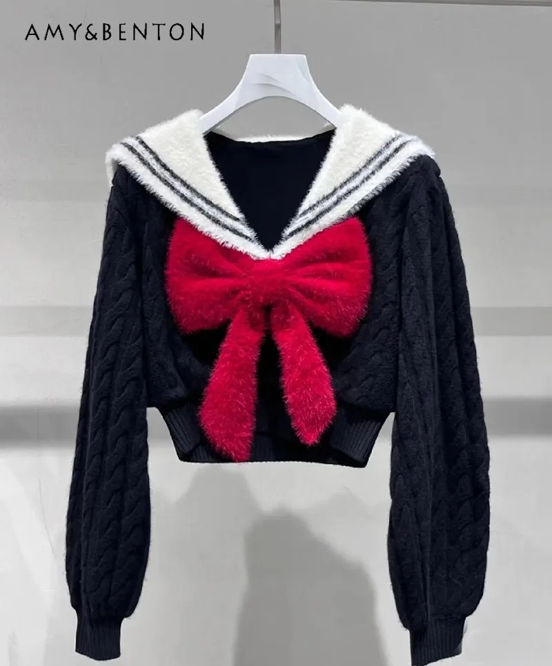 Sweet Girly Style Big Bow Navy Collar Slim Sweater Women Fashion Office Lady Cute Knitted Short Pullover Korean Ins Sueter Mujer
Sweet Girly Style Big Bow Navy Collar Slim Sweater Women Fashion Office Lady Cute Knitted Short Pullover Korean Ins Sueter Mujer