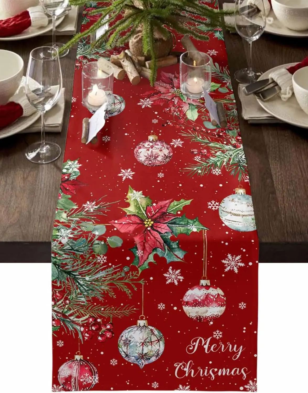 Merry Christmas Poinsettia Flower Ball Linen Table Runner Party Decor Winter Snowflake Berry Table Runners Christmas Decorations
Merry Christmas Poinsettia Flower Ball Linen Table Runner Party Decor Winter Snowflake Berry Table Runners Christmas Decorations