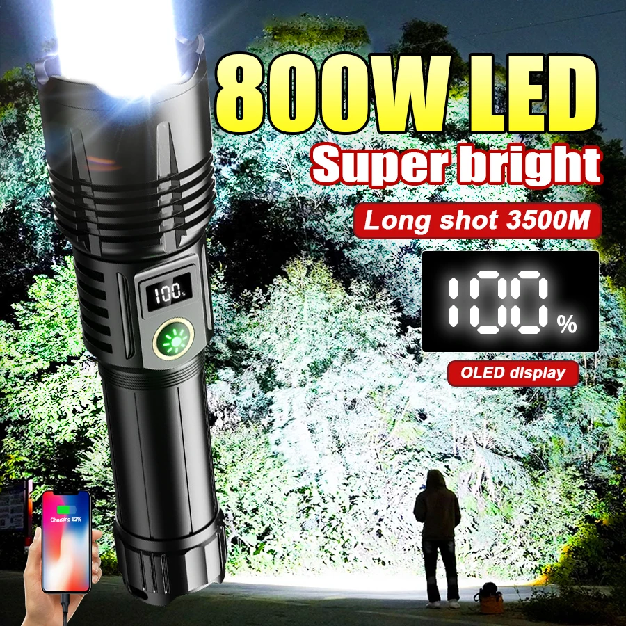 800W Super Bright LED Flashlights Long Shot 3500M Lamp Type-c Rechargeable Torch High Power Tactical Flashlight Camping Lantern
800W Super Bright LED Flashlights Long Shot 3500M Lamp Type-c Rechargeable Torch High Power Tactical Flashlight Camping Lantern