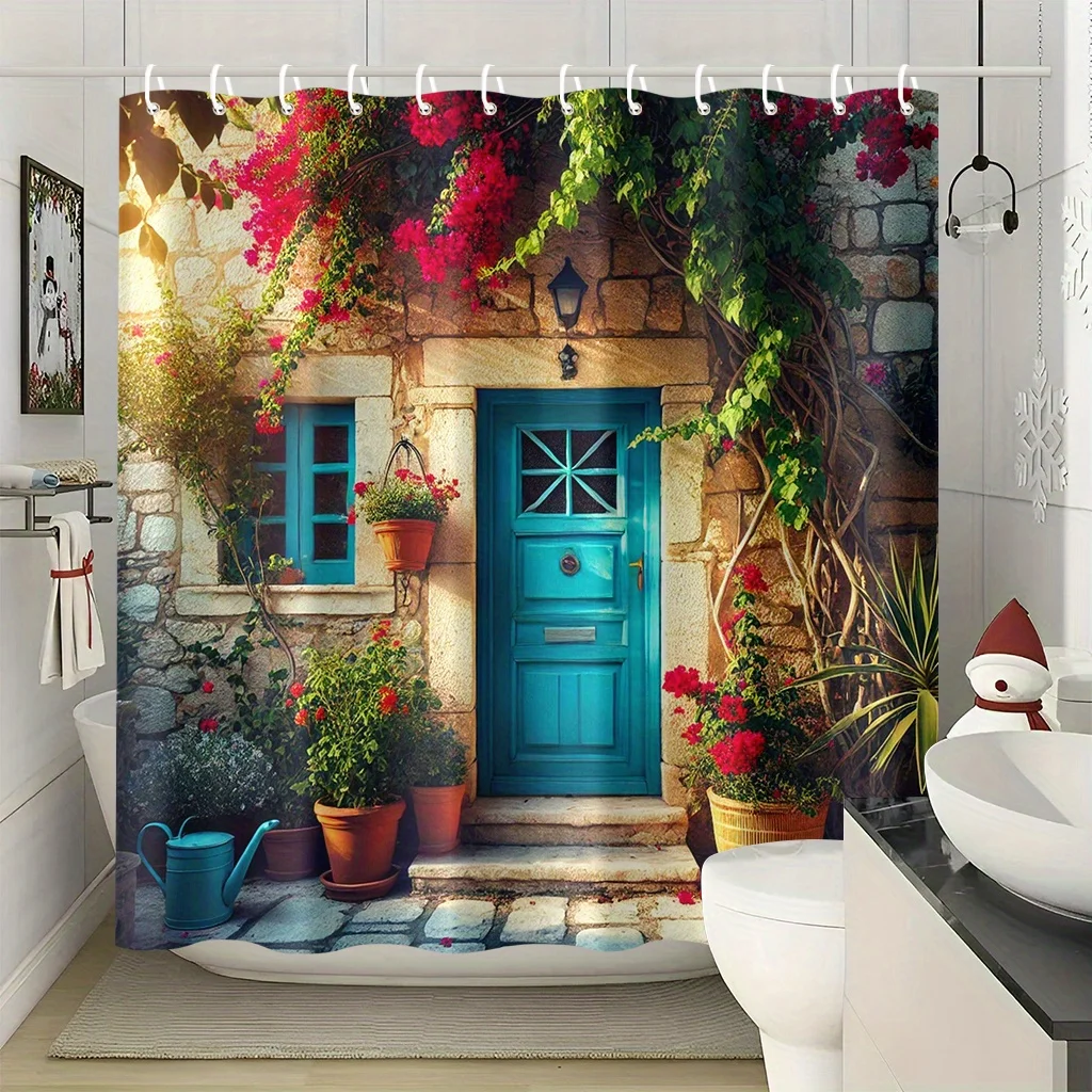 Красивая занавеска для душа с принтом, окруженная цветами, с синей дверью, измерения, в комплект входит 12 крючков, изготовлена из Po.
Красивая занавеска для душа с принтом, окруженная цветами, с синей дверью, измерения, в комплект входит 12 крючков, изготовлена из Po.