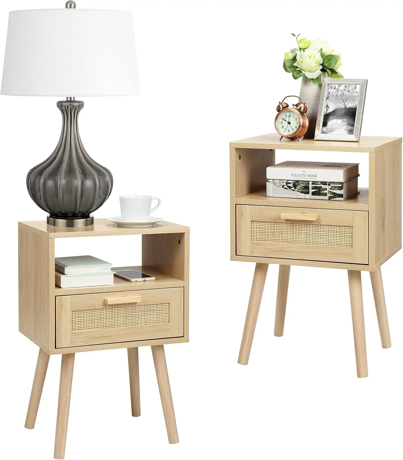 Nightstands Set of 2, End Table, Nightstand, Side Table with Hand Made Rattan Decorated Drawers, Wood Accent Table with Storage
Nightstands Set of 2, End Table, Nightstand, Side Table with Hand Made Rattan Decorated Drawers, Wood Accent Table with Storage