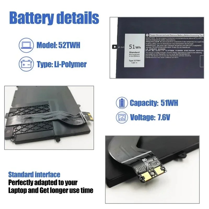New 7.6V 51Wh 52TWH Wholesale Rechargeable Li-ion Laptop Battery 52TWH for D-ell X-PS 13 7390 9310 2-in-1 P103G001
New 7.6V 51Wh 52TWH Wholesale Rechargeable Li-ion Laptop Battery 52TWH for D-ell X-PS 13 7390 9310 2-in-1 P103G001
