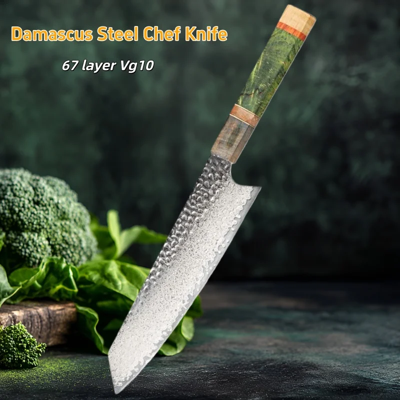 8 Inch Chef Knife 67 Layers VG10 Damascus Steel Kitchen Knives Stabilized Colored Wood Handle Professional Santoku Knife
8 Inch Chef Knife 67 Layers VG10 Damascus Steel Kitchen Knives Stabilized Colored Wood Handle Professional Santoku Knife