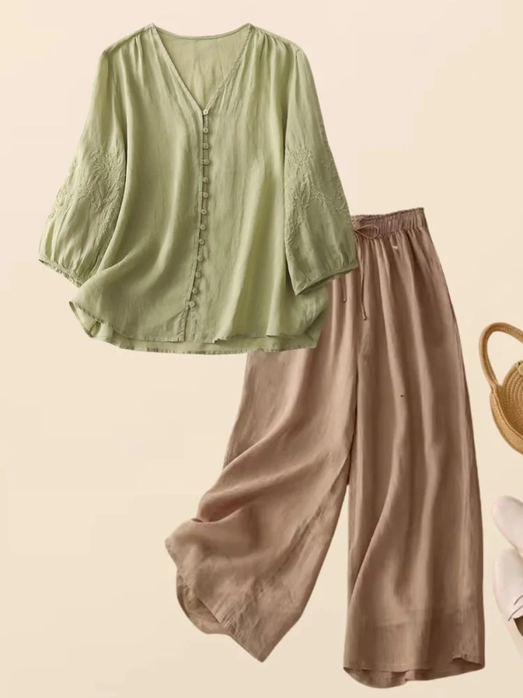 High-End Embroidered Cotton Linen Shirt Women's Top Mid-Age Mom Summer Fashionable Wide Leg Pants Two-Piece Set Women
High-End Embroidered Cotton Linen Shirt Women's Top Mid-Age Mom Summer Fashionable Wide Leg Pants Two-Piece Set Women