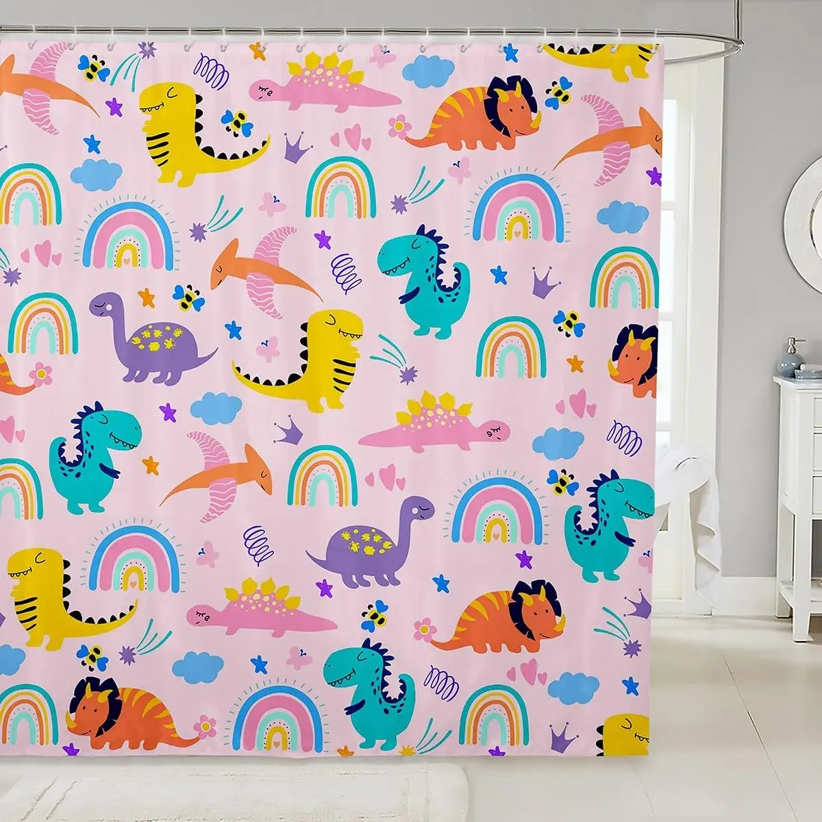 Girls Pink Dinosaur Toddler Shower Curtain Purple Green Dinosaurs Bathroom Waterproof Accessories with 12 Hooks Cute Cartoon
Girls Pink Dinosaur Toddler Shower Curtain Purple Green Dinosaurs Bathroom Waterproof Accessories with 12 Hooks Cute Cartoon