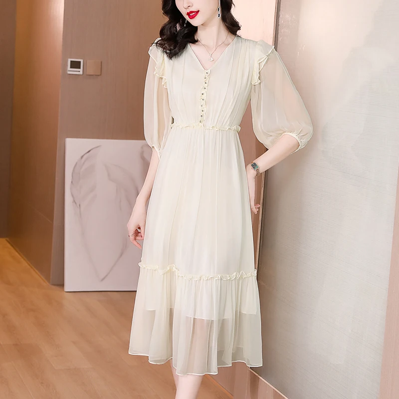 Spring/Summer 2023 New Silk Short Sleeve Skirt Fashion V-Neck Silk Even Solid Color Panel Waist Closure Slim Long Dress
Spring/Summer 2023 New Silk Short Sleeve Skirt Fashion V-Neck Silk Even Solid Color Panel Waist Closure Slim Long Dress
