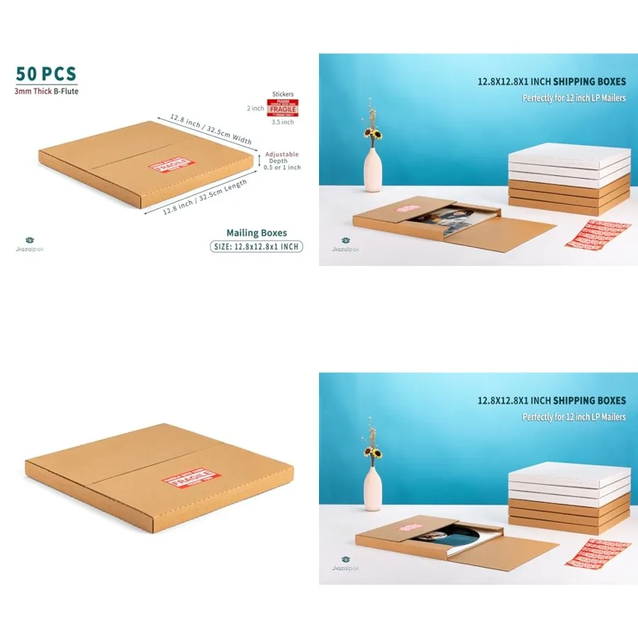 12-inch Vinyl Record Mailers, 12.8x12.8x1 inch LP Albums Corrugated Shipping Boxes with Fragile Stickers, Multi-Depth Easy-Fold
12-inch Vinyl Record Mailers, 12.8x12.8x1 inch LP Albums Corrugated Shipping Boxes with Fragile Stickers, Multi-Depth Easy-Fold