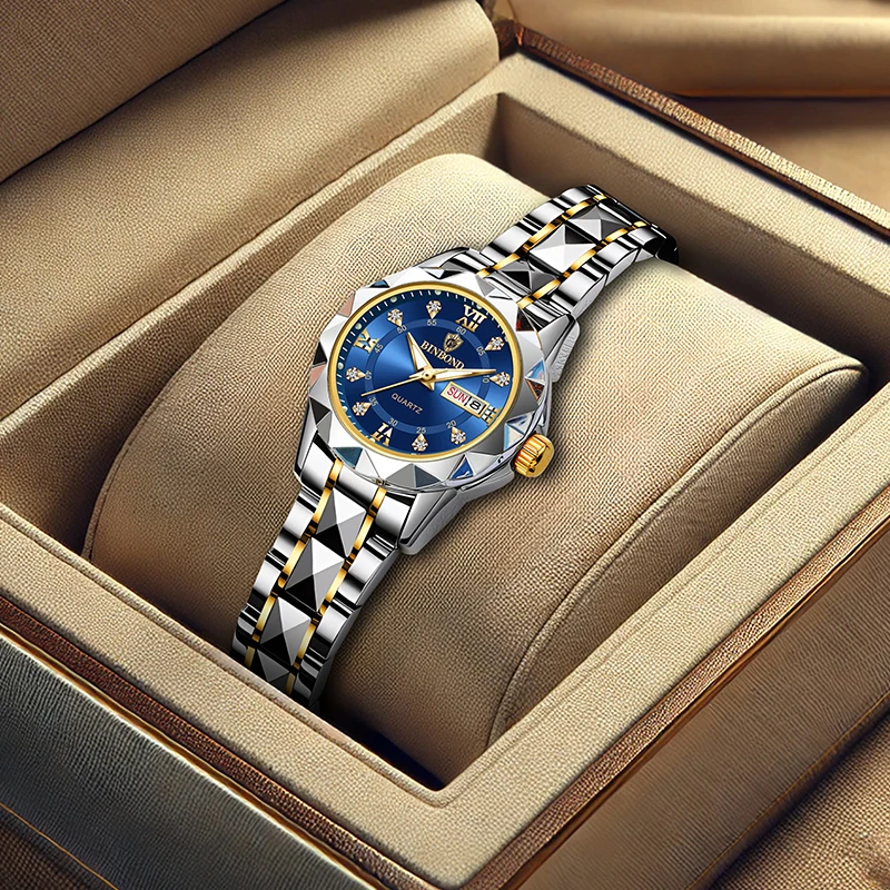 Женская мода и элегантные синие кварцевые часы с драгоценными камнями с бриллиантами и календарем на ремешке из нержавеющей стали.
Женская мода и элегантные синие кварцевые часы с драгоценными камнями с бриллиантами и календарем на ремешке из нержавеющей стали.