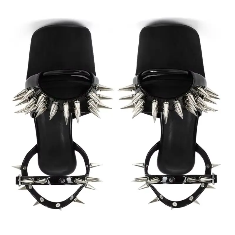 Punk Rivets Platform Stiletto Heel Sandals Black Patent Peep Toe Ankle Strap Spiked Evening Club Dress Shoes
Punk Rivets Platform Stiletto Heel Sandals Black Patent Peep Toe Ankle Strap Spiked Evening Club Dress Shoes