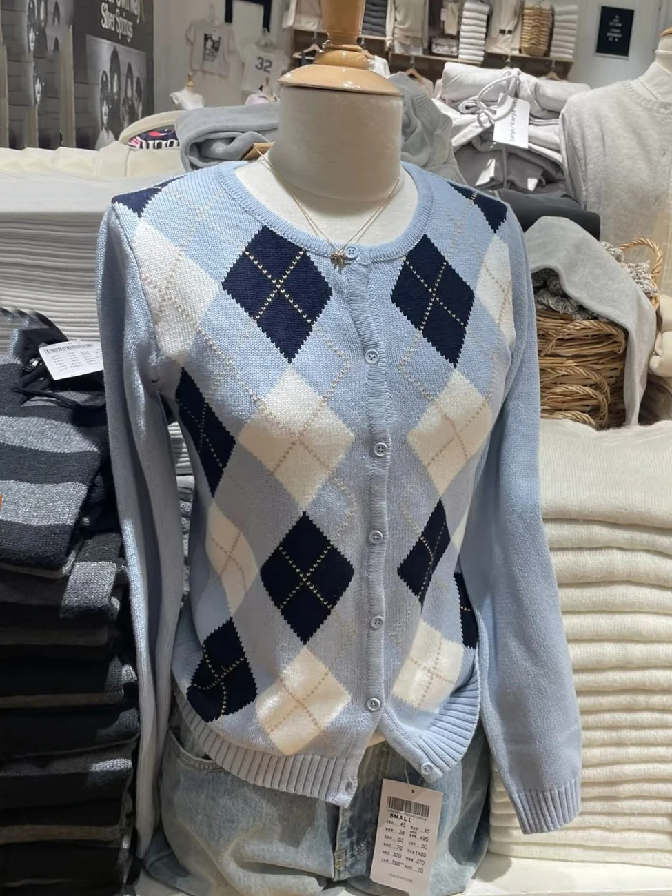 Синий свитер Argyle, кардиган, женский осенний хлопковый тонкий вязаный свитер с круглым вырезом и длинными рукавами, милые хлопковые свитера в консервативном стиле, новинка 
Синий свитер Argyle, кардиган, женский осенний хлопковый тонкий вязаный свитер с круглым вырезом и длинными рукавами, милые хлопковые свитера в консервативном стиле, новинка