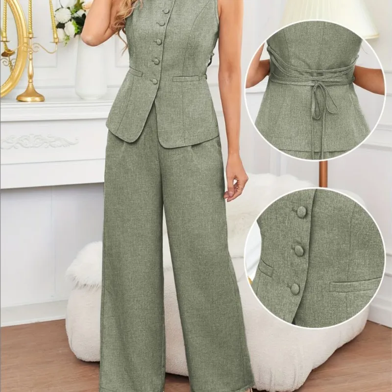 Summer Fashion New Women 2Pieces Pant Sets Casual Matching Sets Solid Lace Up Button Sleeveless Top Cinched Waist Wide Leg Pants
Summer Fashion New Women 2Pieces Pant Sets Casual Matching Sets Solid Lace Up Button Sleeveless Top Cinched Waist Wide Leg Pants