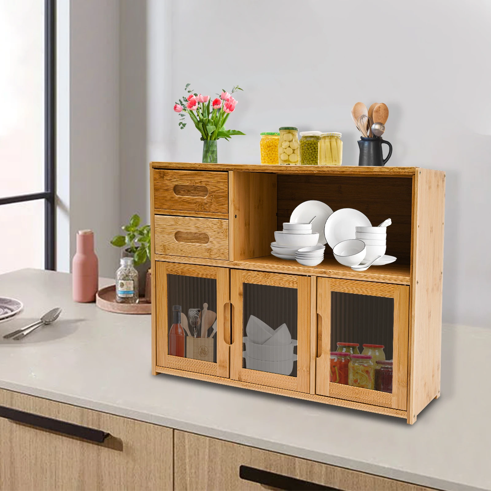2 Tiers Bamboo Countertop Kitchen Pantry Sideboard Storage Cabinet Acrylic Clear Doors for Spice Seasoning Bottles, Plates, Cups
2 Tiers Bamboo Countertop Kitchen Pantry Sideboard Storage Cabinet Acrylic Clear Doors for Spice Seasoning Bottles, Plates, Cups