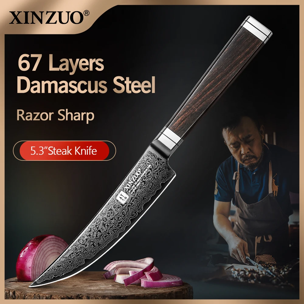XINZUO 5.3 Inches Steak Knife Ergonomic Small Knife 67 Layer Damascus With Black G10 Spacers And Ebony Handle For Comfortable
XINZUO 5.3 Inches Steak Knife Ergonomic Small Knife 67 Layer Damascus With Black G10 Spacers And Ebony Handle For Comfortable