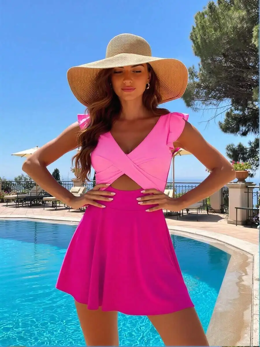 Pink Color Block Ruffle Sleeve Cutout Swim Dress For Women
Pink Color Block Ruffle Sleeve Cutout Swim Dress For Women