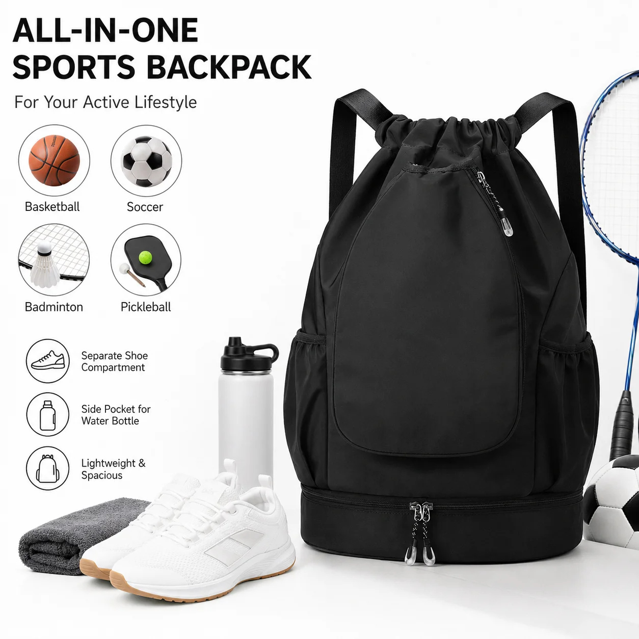 Sports Drawstring Backpack Badminton Racket Pickleball Paddle Bag Nylon Gym Bag for Basketball Football Shoes Outdoor Travel Use
Sports Drawstring Backpack Badminton Racket Pickleball Paddle Bag Nylon Gym Bag for Basketball Football Shoes Outdoor Travel Use