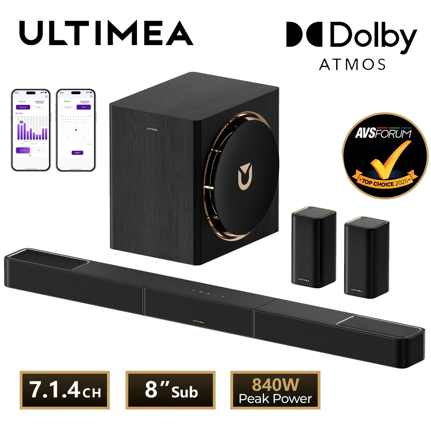 ULTIMEA 840W 7.1.4ch Soundbar for TV with Dolby Atmos, Surround Sound Home Cinema System with 8'' Wireless Subwoofer, HDMI eARC
ULTIMEA 840W 7.1.4ch Soundbar for TV with Dolby Atmos, Surround Sound Home Cinema System with 8'' Wireless Subwoofer, HDMI eARC