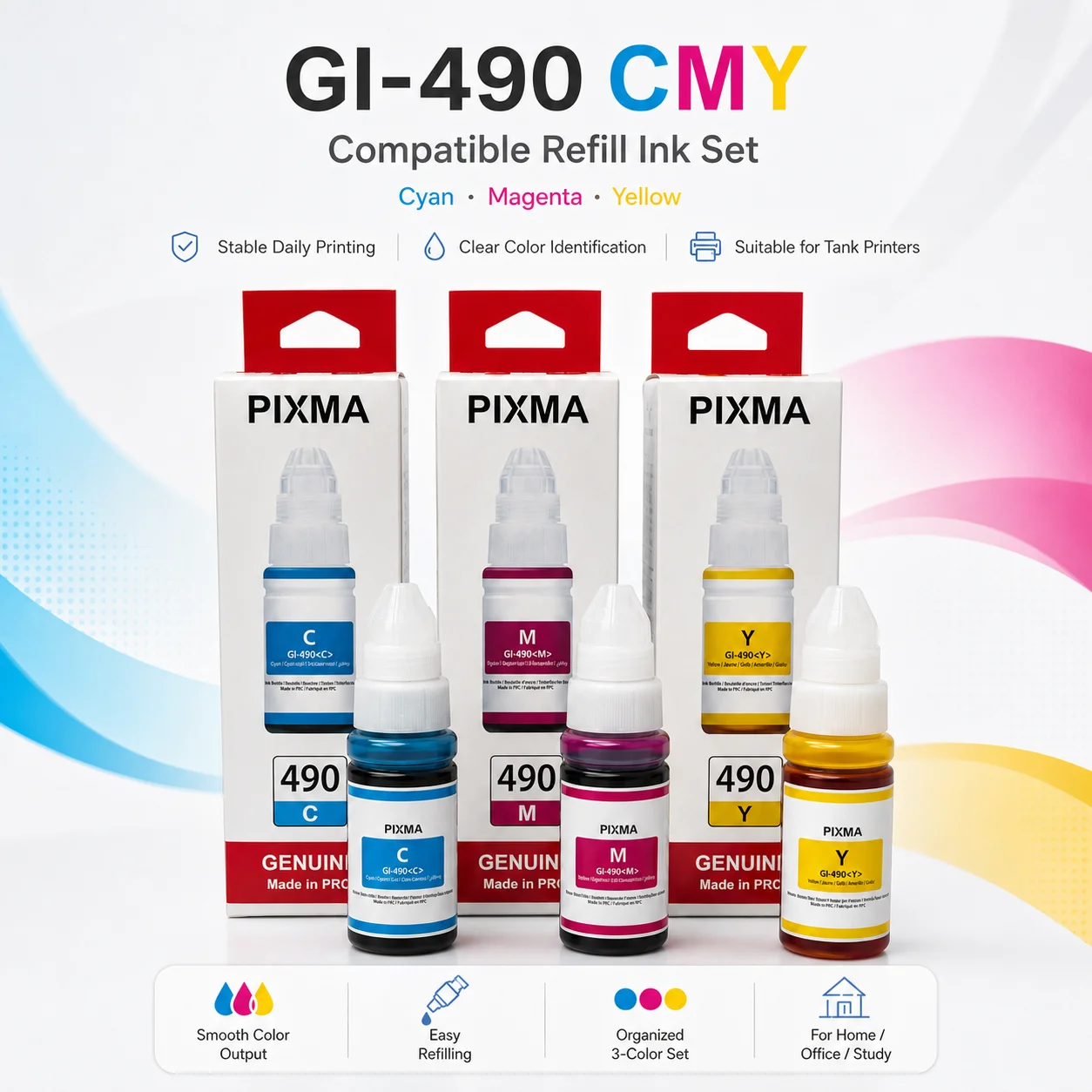 GI-490C M Y Ink Bottle Set Compatible for Canon PIXMA Printer Refill Ink Dye Ink Color Ink High Yield Replacement Ink
GI-490C M Y Ink Bottle Set Compatible for Canon PIXMA Printer Refill Ink Dye Ink Color Ink High Yield Replacement Ink