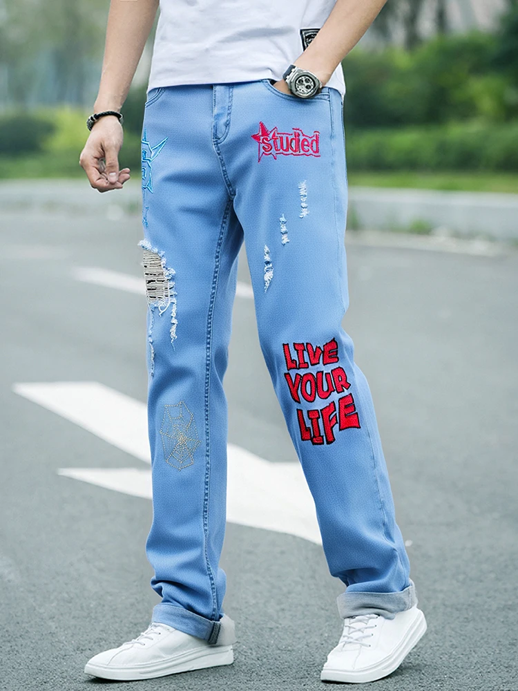 Blue Men's Embroidered Jeans Slim Fit Pants Elastic Korean Style Trendy Patchwork Men's Denim Trousers with Rips
Blue Men's Embroidered Jeans Slim Fit Pants Elastic Korean Style Trendy Patchwork Men's Denim Trousers with Rips