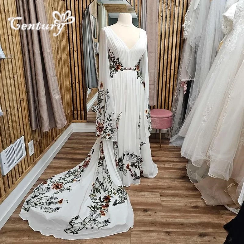 Colorful Embroidery Lace Floral Wedding Dresses 2025 Meadow Texture Pleated Chiffon Forest Woodland Boho Bridal Gowns Customized
Colorful Embroidery Lace Floral Wedding Dresses 2025 Meadow Texture Pleated Chiffon Forest Woodland Boho Bridal Gowns Customized
