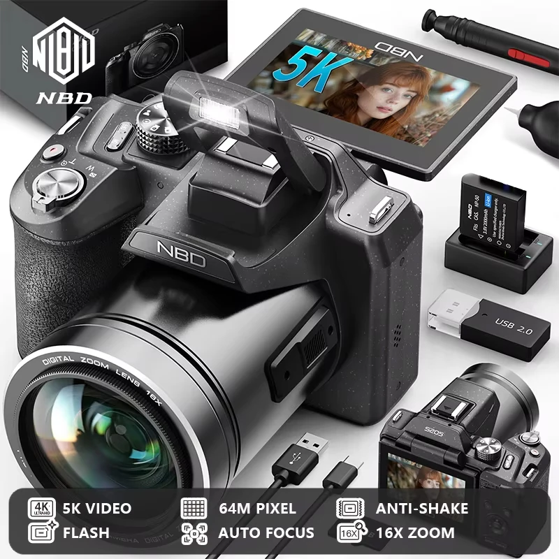 NBD S205E 5K 64MP Digital Camera with Flip Screen 16X Zoom 1/2" CMOS Compact Vlogging Camera for YouTube Travel Photography
NBD S205E 5K 64MP Digital Camera with Flip Screen 16X Zoom 1/2" CMOS Compact Vlogging Camera for YouTube Travel Photography