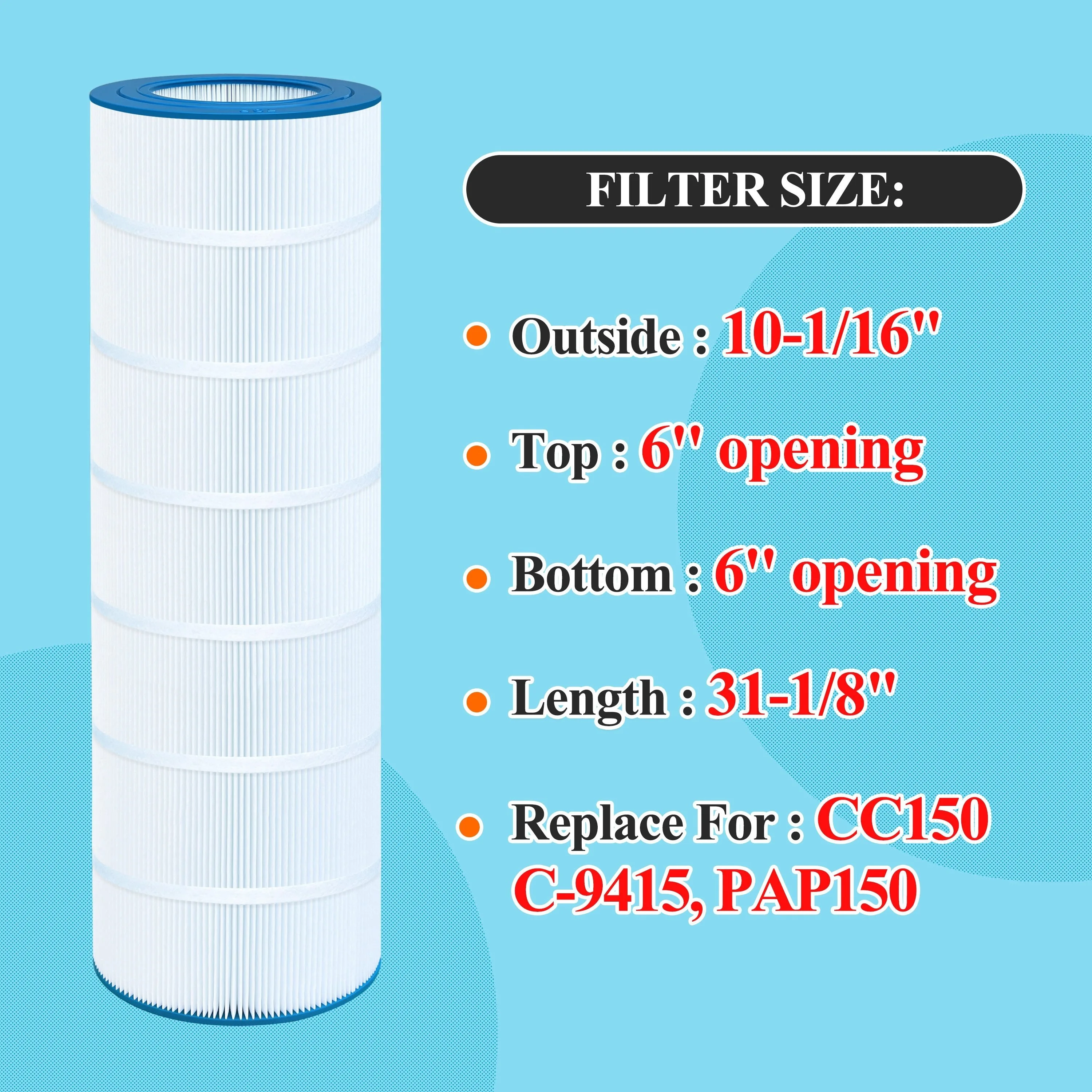 1 Pack 150 Sq.Ft PLF150A Pool Filter Compatible with Pentair CC150, CCRP150, PAP150, Ultral-C4, PP-C4, PP-C4-M, Unicel C-9415, R173216, 59054300, Filbur FC-0687, 160317, 160355, 160352, L X OD: 31 1/8" X10 1/16"
1 Pack 150 Sq.Ft PLF150A Pool Filter Compatible with Pentair CC150, CCRP150, PAP150, Ultral-C4, PP-C4, PP-C4-M, Unicel C-9415, R173216, 59054300, Filbur FC-0687, 160317, 160355, 160352, L X OD: 31 1/8" X10 1/16"